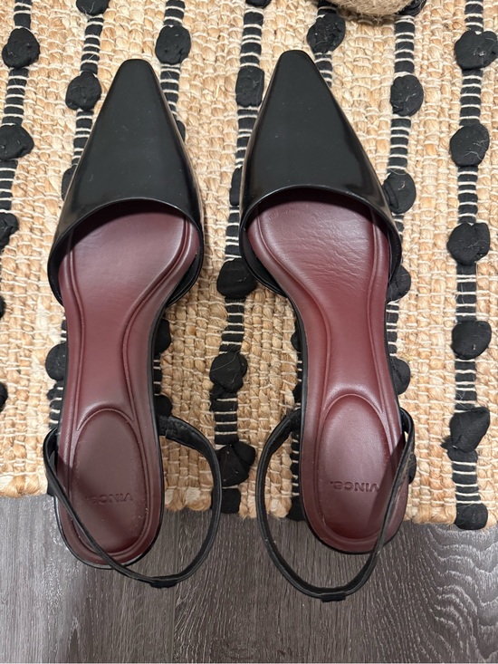 Vince Shoes - Vince Women's Black Patent Slingback Kittenheel- Burgundy Insole